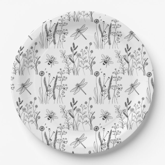 Assiettes En Carton Elegant Dragonflies & Wildflowers  (Devant)