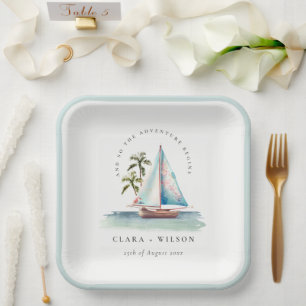 Assiettes En Carton Elégant Dusky Turquoise Sailboat Palm Mariage mari