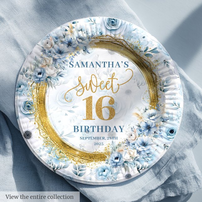 Assiettes En Carton Élégant Dusty Bleu Doux 16 Plaques de Parties scin (Stylish Dusty Blue Sweet 16 Gold Glitter Plate Decor)