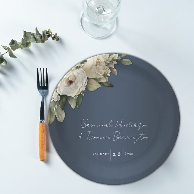 Assiettes En Carton Elégant Dusty Blue Boho Rose Mariage (Créateur téléchargé)