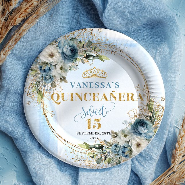 Assiettes En Carton Elegant Dusty Blue Floral Gold Quinceañera Plates (Elegant Dusty Blue Floral Gold Quinceañera Plates)