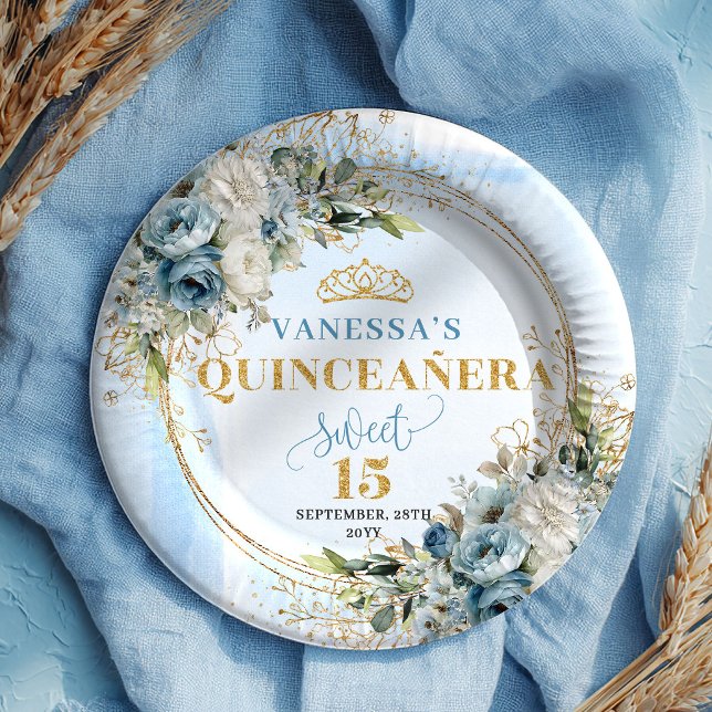 Assiettes En Carton Elegant Dusty Blue Flowers Gold Name Quince Plates (Elegant Dusty Blue Flowers Gold Name Quince Plates)