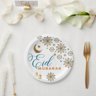 Assiettes En Carton Elegant Eid Moubarak Calligraphie arabe Lune Étoil
