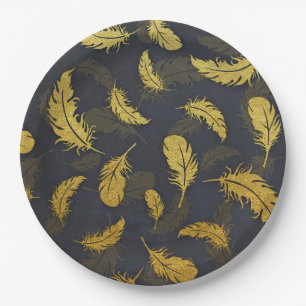 Assiettes En Carton Élégant Et Chic Motif De Plumes Noir Et Or