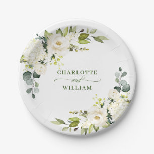 Assiettes En Carton Elégant Eucalyptus Roses Blanches Mariage Floral