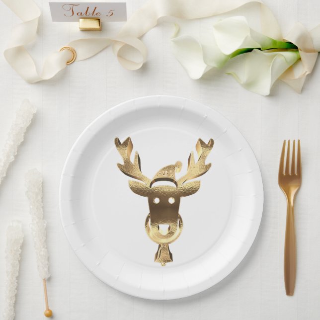 Assiettes En Carton Élégant Faux Gold Reindeer Santa Hat Noël (Mariage)