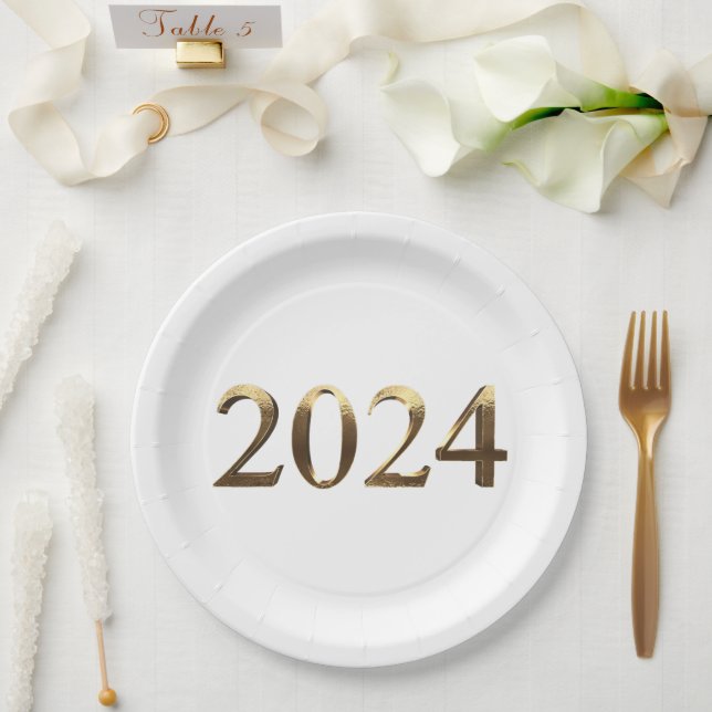 Assiettes En Carton Elégant Faux Golden Numbers Bonne année 2024 (Mariage)