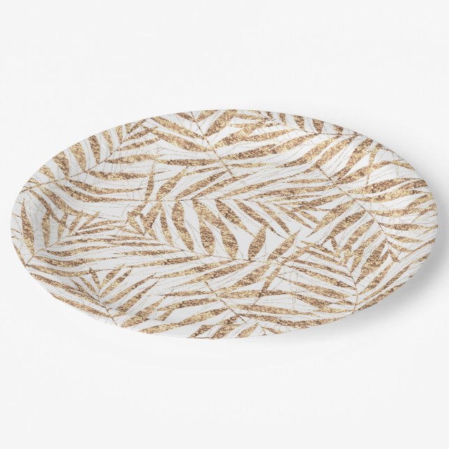 Assiettes En Carton Élégant Feuilles de palme d'or tropicale (Angle)