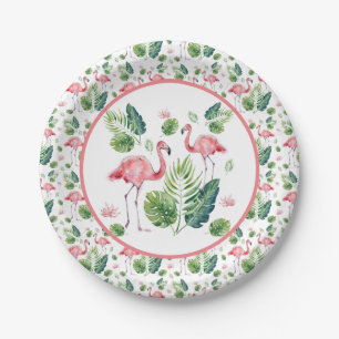 Assiettes En Carton Élégant Flamant rose rose Tropical Feuille Motif