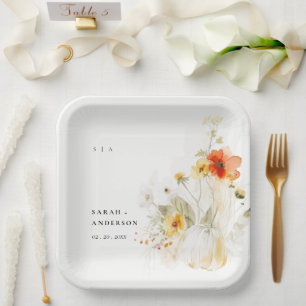 Assiettes En Carton Elégant Fleur sauvage Citrouille aquarelle Mariag