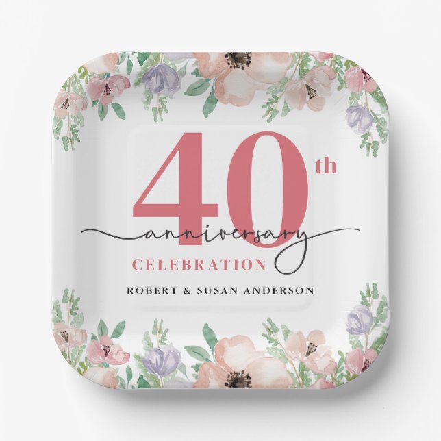 Assiettes En Carton Elegant Floral 40th Wedding Anniversary (Recto)
