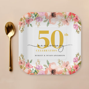 Assiettes En Carton Élégant Floral 50e Anniversaire de Mariage