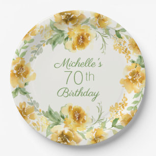 Assiettes En Carton Élégant floral aquarelle jaune 70 ans P