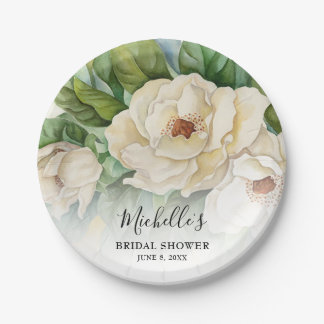 Assiettes En Carton Élégant floral blanc Magnolia Nom de la Fête des m