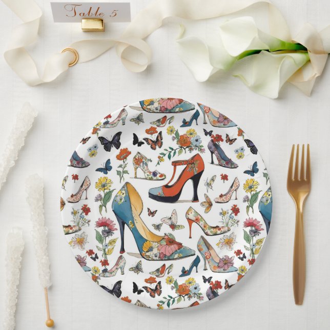 Assiettes En Carton Élégant Floral High Heel SHOOTS Fleurs Papillons (Mariage)
