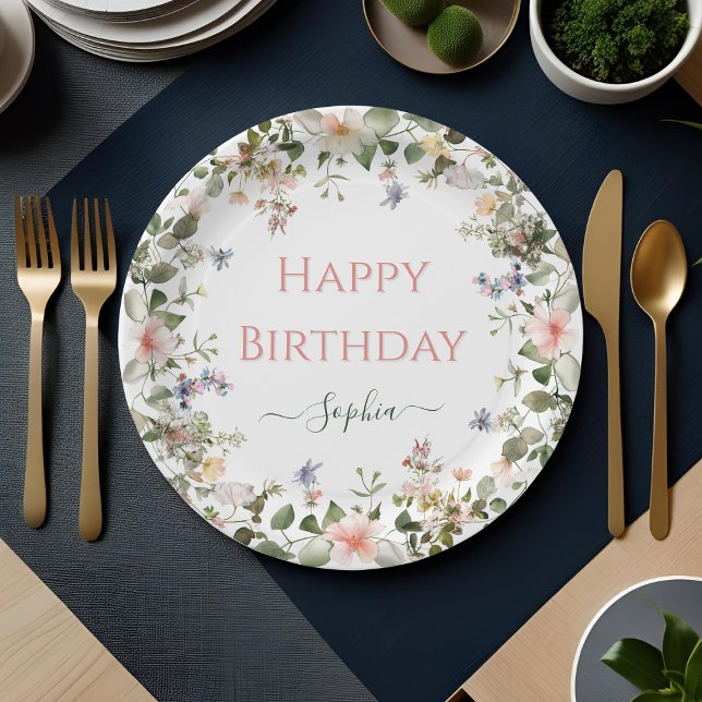 Assiettes En Carton Elégant Floral Joyeux Anniversaire - Fête Personna (Créateur téléchargé)