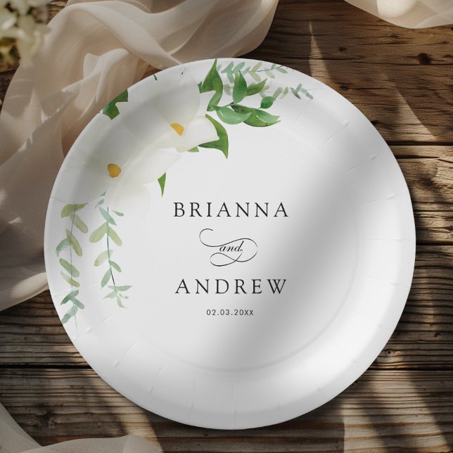Assiettes En Carton Elegant Floral Magnolia Wedding  (Elegant Floral Magnolia Wedding Paper Plates)