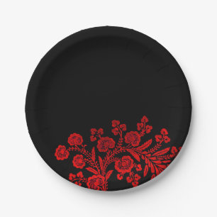 Assiettes En Carton Élégant floral noir et rouge