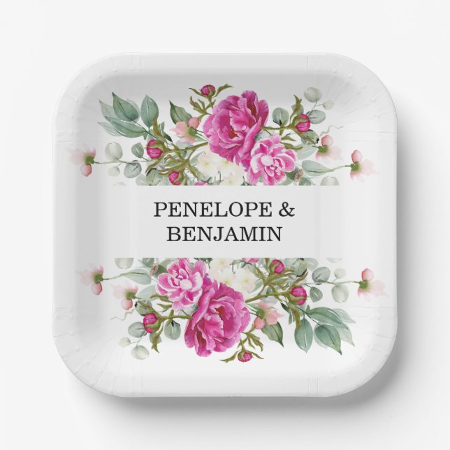 Assiettes En Carton Elegant Floral Pink Peony Monogram Wedding (Recto)