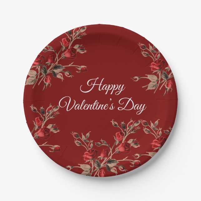 Assiettes En Carton Elegant Floral Red Happy Valentine’s Day  (Devant)