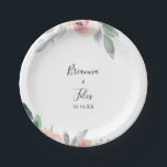 Assiettes En Carton Élégant gâteau Mariage rose-blanc<br><div class="desc">Cette élégante plaque en papier mariage rose vif est parfaite pour une réception de mariage moderne. Le design se compose de roses roses et de pivoines dessinés à la main avec des feuilles verts et gris, inspirant la beauté naturelle. Faites-le vous-même en ajoutant les noms de la mariée, du marié...</div>