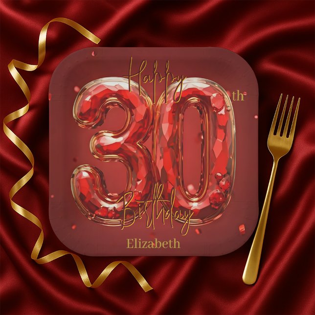 Assiettes En Carton Elegant Gemstone Ruby and Gold 30th Birthday (Créateur téléchargé)