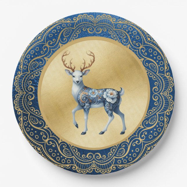 Assiettes En Carton Elegant Gold and Blue Plates (Devant)