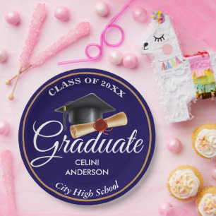 Assiettes En Carton Elegant Gold, Black & Navy Graduation Party