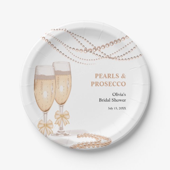 Assiettes En Carton Elegant Gold Bow Pearls and Prosecco Bridal Shower (Devant)