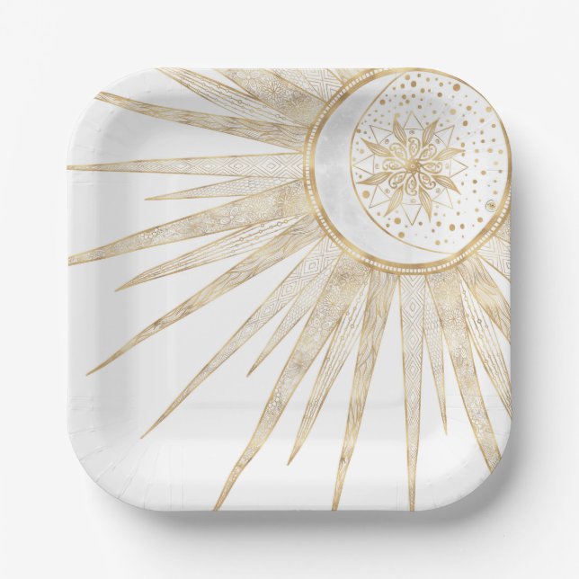 Assiettes En Carton Elegant Gold Doodles Sun Moon Mandala Design (Recto)
