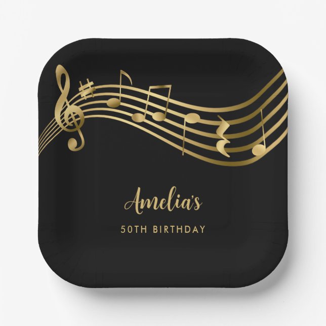 Assiettes En Carton Elegant Gold Music Notes 50th Birthday Black (Recto)