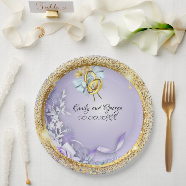 Assiettes En Carton Elegant Gold Purple Mariage personnalisable (Mariage)