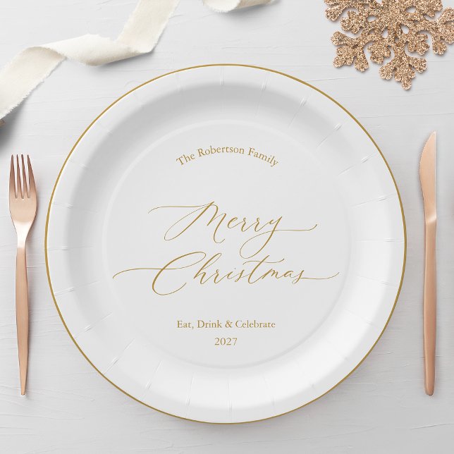 Assiettes En Carton Elegant Gold Script “Merry Christmas” (Créateur téléchargé)
