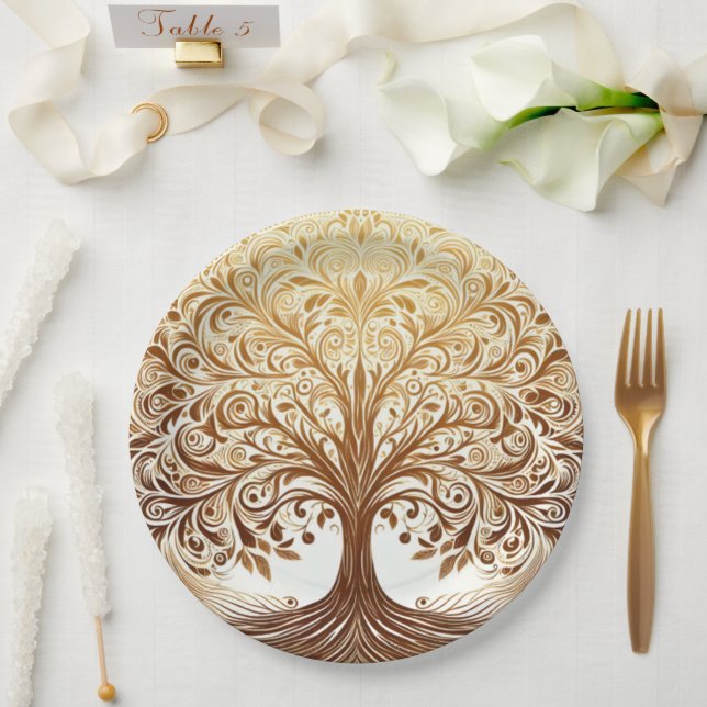 Assiettes En Carton Elegant Gold Tree of Life Celebration (Mariage)