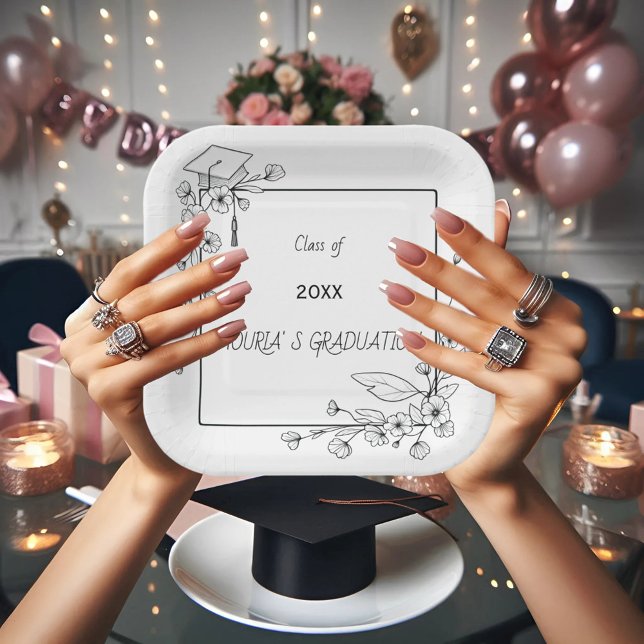 Assiettes En Carton Elégant Graduation Bordure florale noire et blanch (Créateur téléchargé)