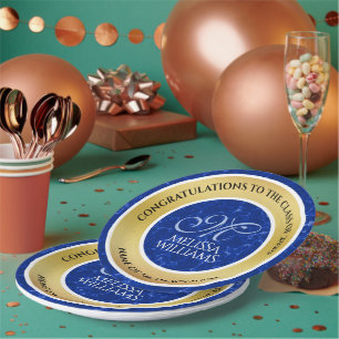 Assiettes En Carton Élégant Graduation Monogramme Bleu Marbre Or Huile