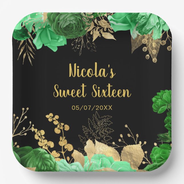 Assiettes En Carton Elegant Green and Gold Flowers Sweet Sixteen (Recto)