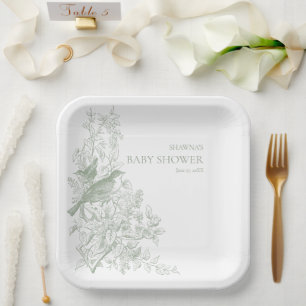 Assiettes En Carton Elégant Green Chinoiserie Nature Birds Baby shower