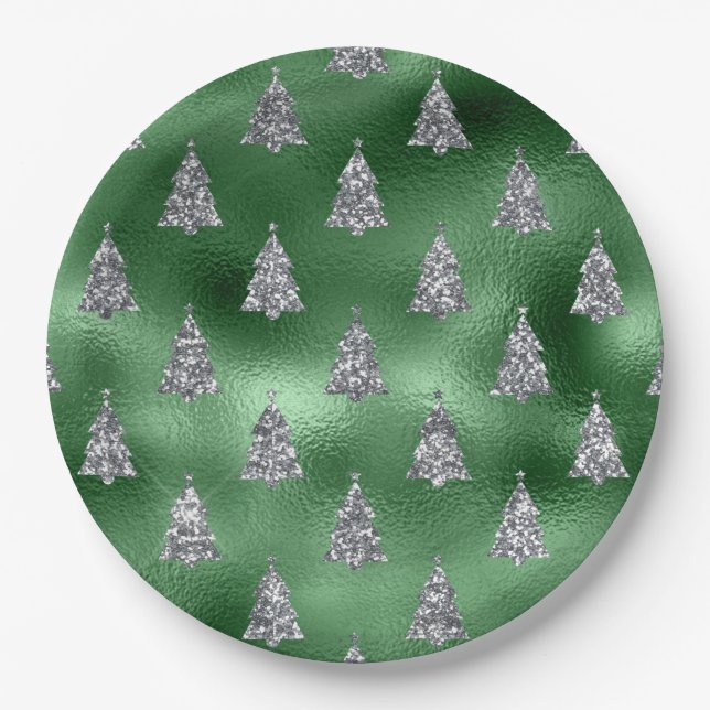 Assiettes En Carton Elegant Green & Faux Silver Trees Christmas  (Devant)