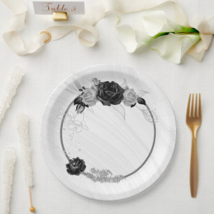 Assiettes En Carton élégant gris argenté et noir floral