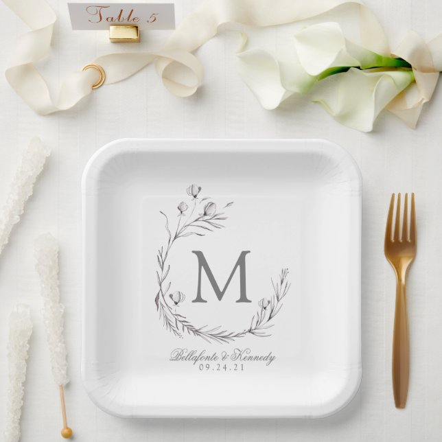 Assiettes En Carton Élégant gris blanc Mariage de couronne (Mariage)