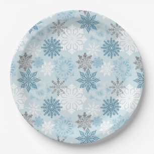 Assiettes En Carton Élégant Hiver Bleu Parties scintillant argent Snow
