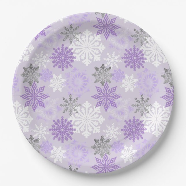 Assiettes En Carton Élégant Hiver violet Parties scintillant d'argent  (Devant)