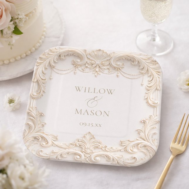 Assiettes En Carton Elegant Ivory Baroque Square Wedding (Elegant Ivory Baroque Square Wedding Paper Plates)