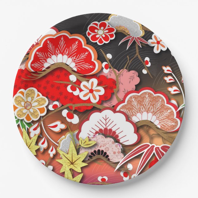 Assiettes En Carton Élégant Kimono d'automne japonais (Devant)