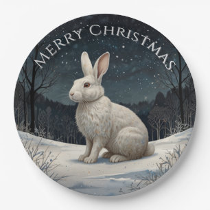 Assiettes En Carton Elégant lapin blanc Noël forêt enneigée