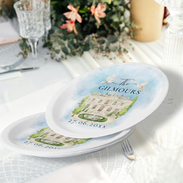 Assiettes En Carton Élégant lieu | fleurs colombes Mariage Luxe (Créateur téléchargé)