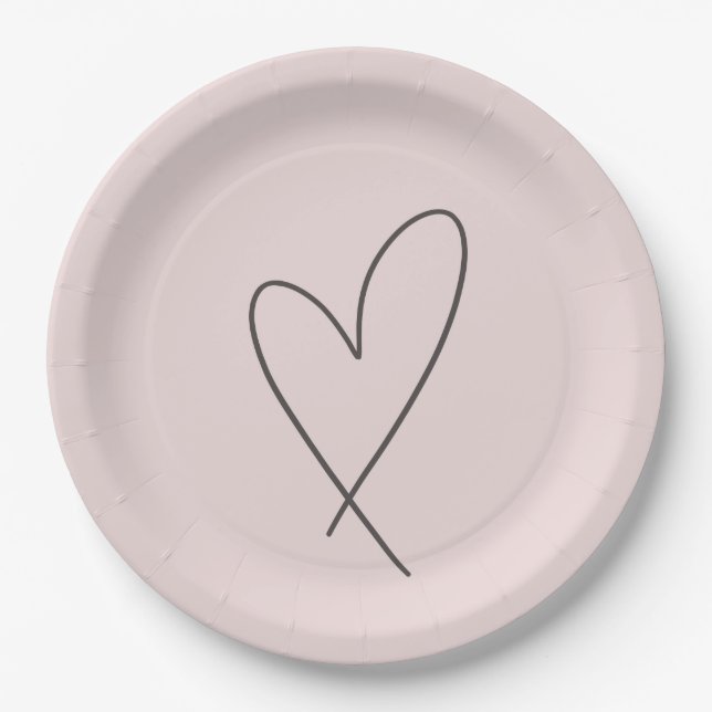Assiettes En Carton Elegant Line Art Heart Wedding Blush Pink (Devant)