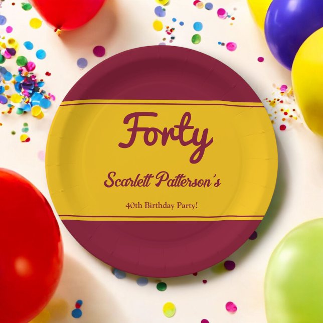 Assiettes En Carton Elégant Luxe Bourgogne Et Or 40ème Anniversaire (Créateur téléchargé)