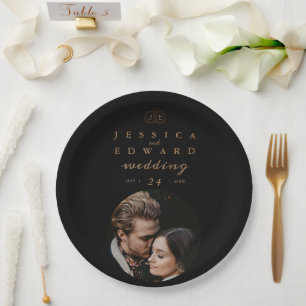 Assiettes En Carton Elégant Luxury Black Gold Monogram Mariage photo